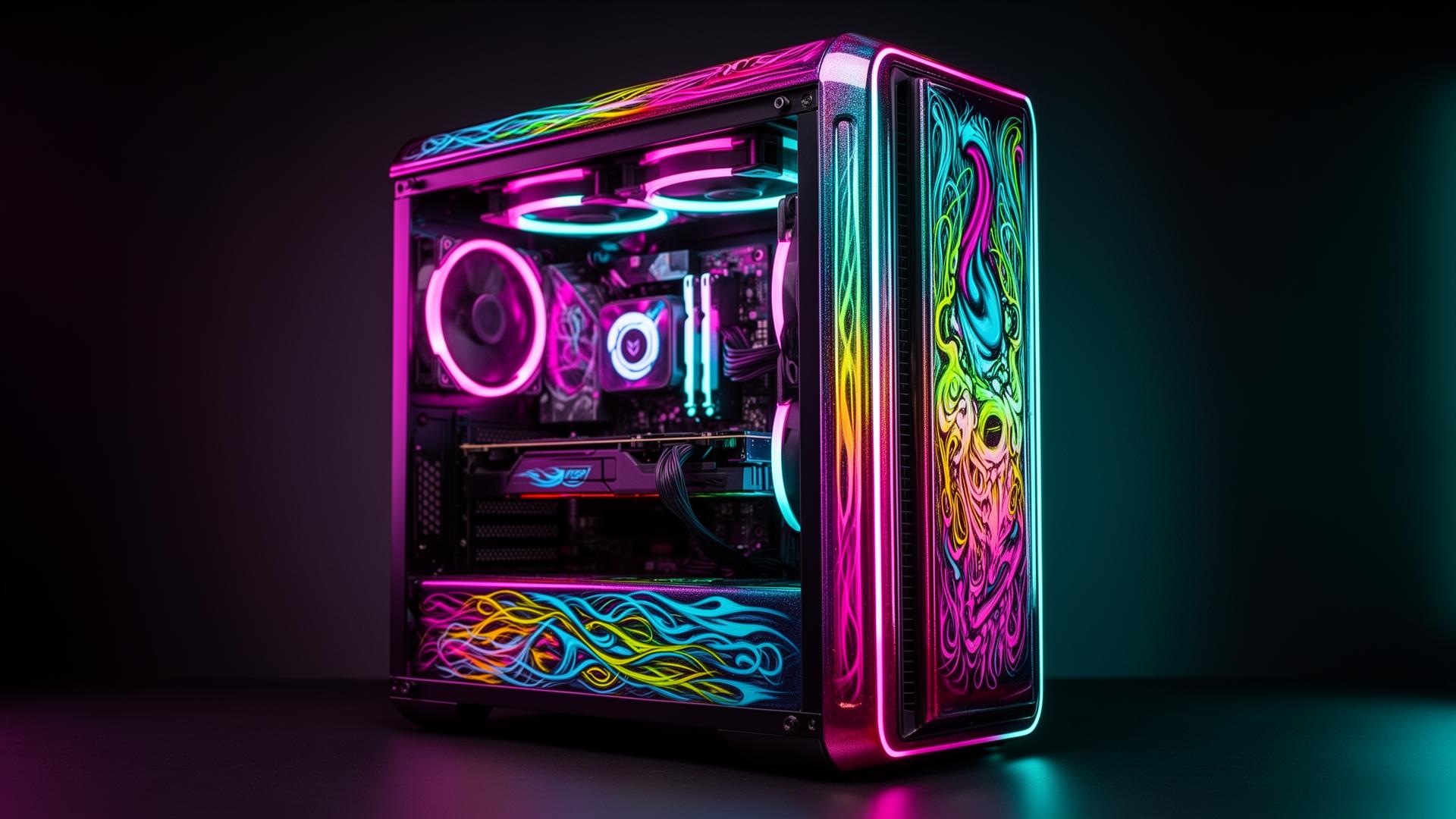 Custom hand-painted PC with neon airbrush graphics